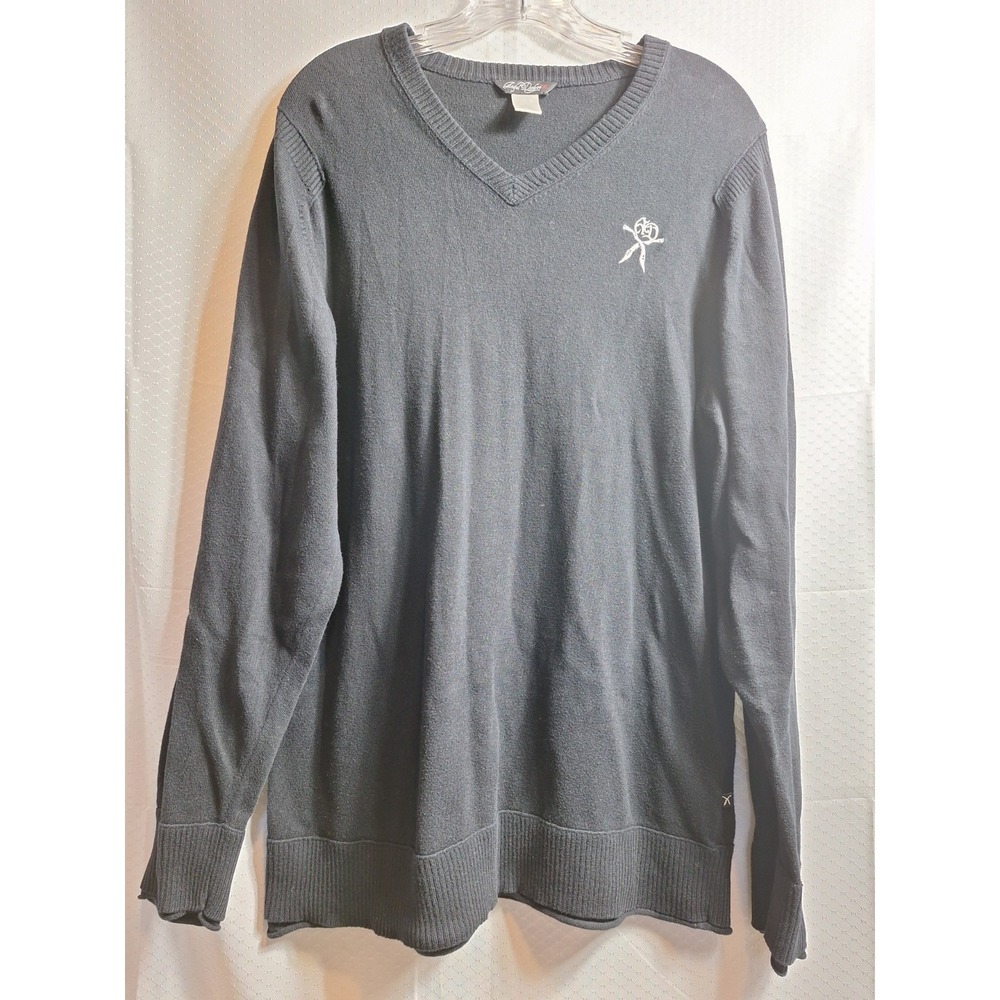ARTFUL DODGER V-Neck Sweater Sz L Black White Sword Logo Jack Dawkins Preppy EUC